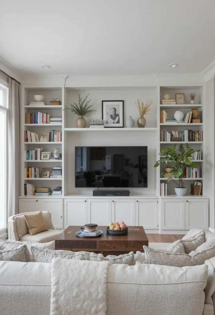 “Built-in shelves and cabinetry around the TV in a modern living room.”