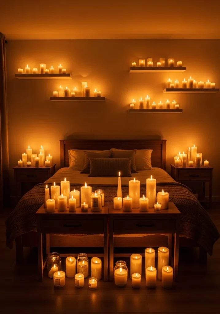 Full bedroom with candles casting warm glow.