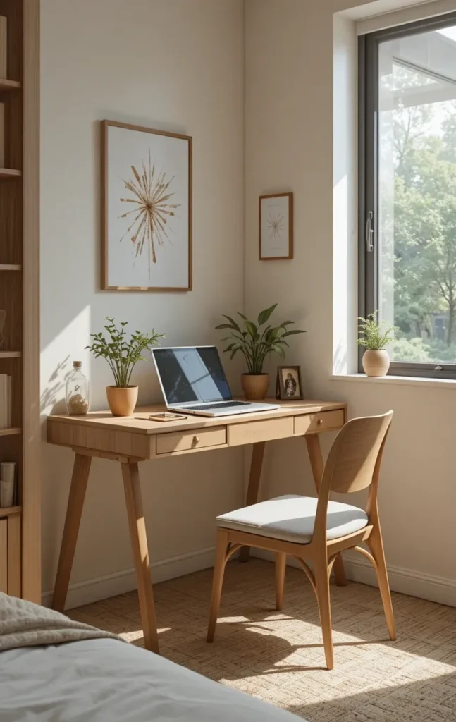 Bedroom corner with small desk, chair, and plant for mini workspace