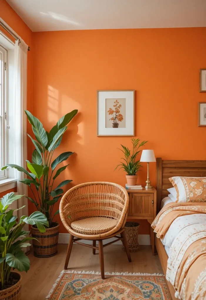 Orange bedroom paired with natural wood and earthy materials