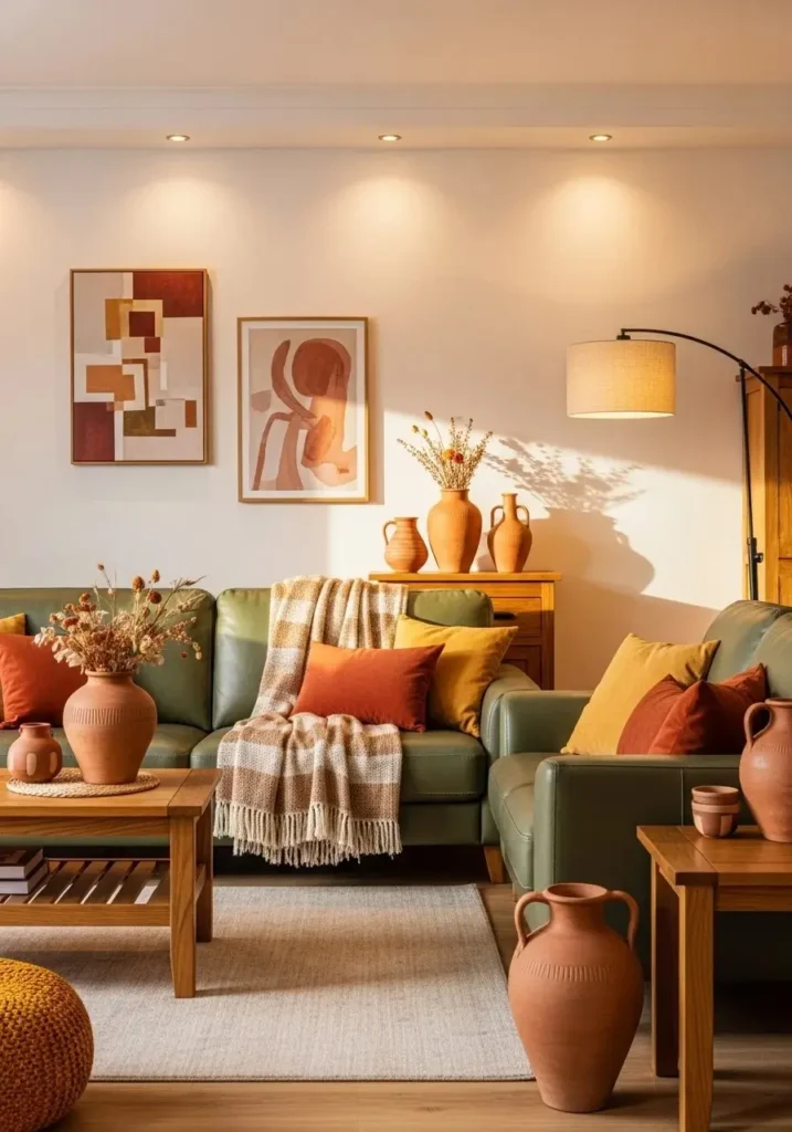 Green leather sofa with layered earth tones in living room