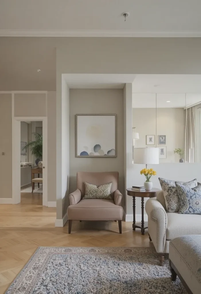 Accent chair defining a reading zone in an open-concept living room.