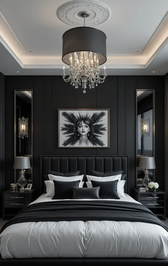 Statement chandelier lighting in black and silver bedroom