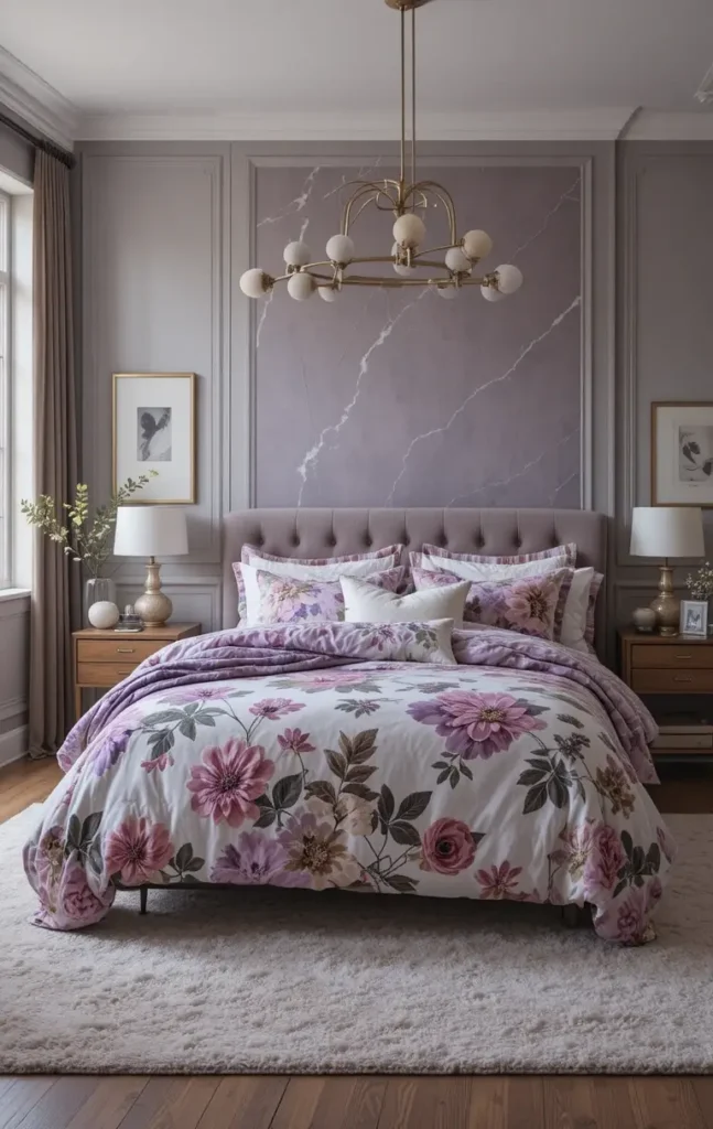 Bedroom with purple floral bedding and simple decor.