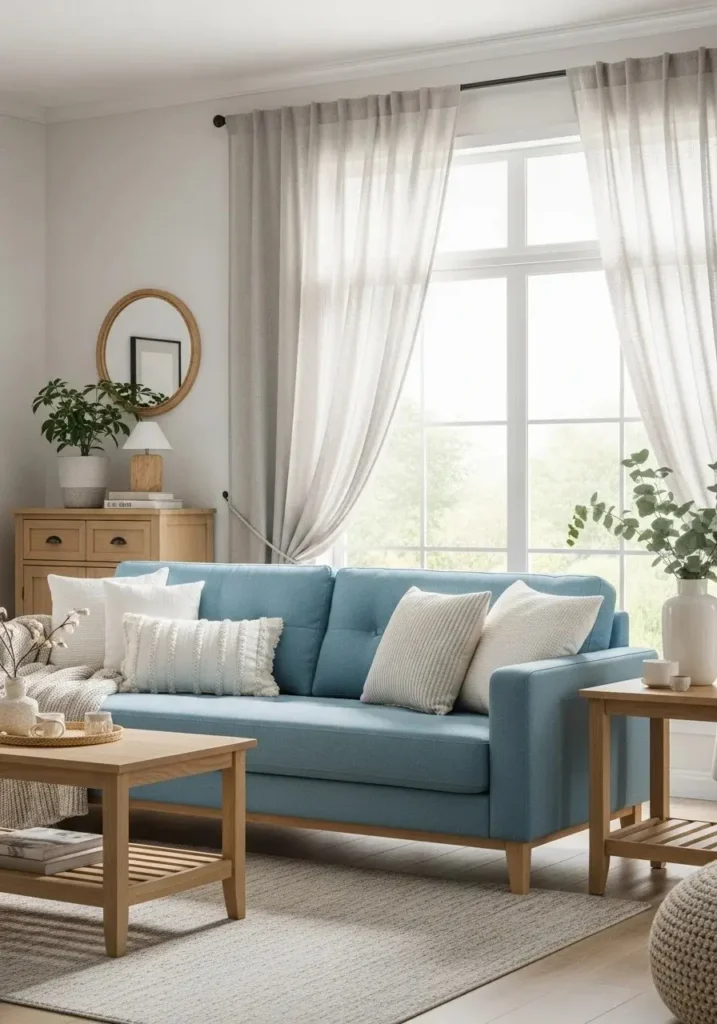 Sky blue sofa with soft neutrals.