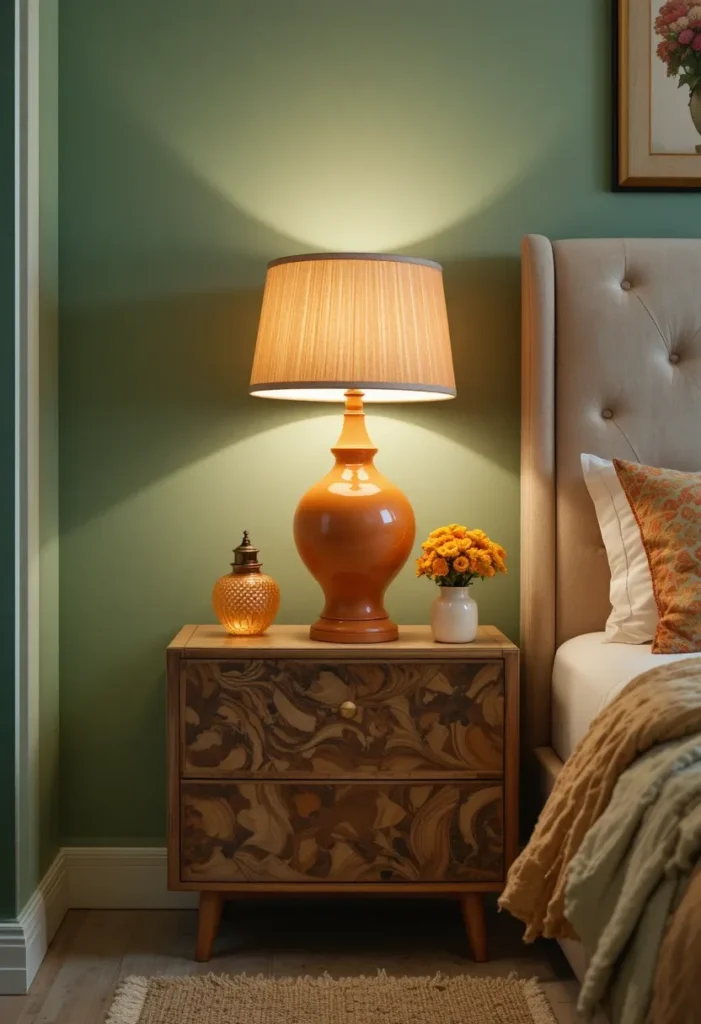 Orange lamps and accessories enhancing green walls in a cozy bedroom
