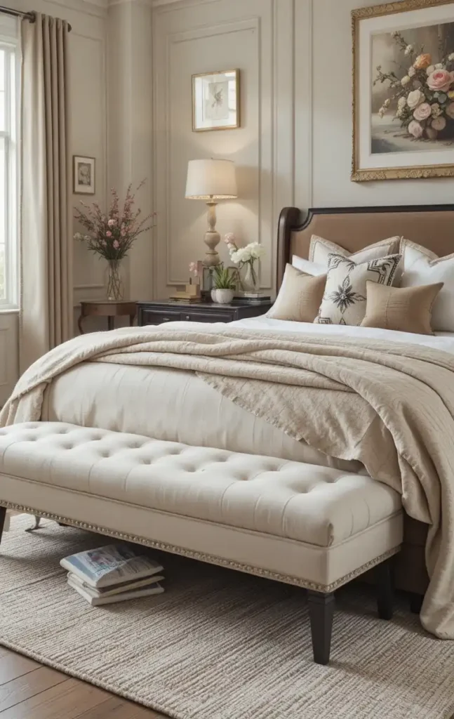 Light bench balancing dark black and brown bedroom design