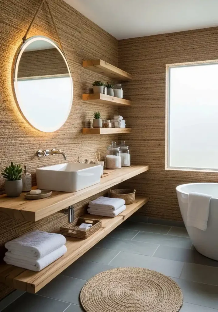Grasscloth wallpaper adds texture to bathroom