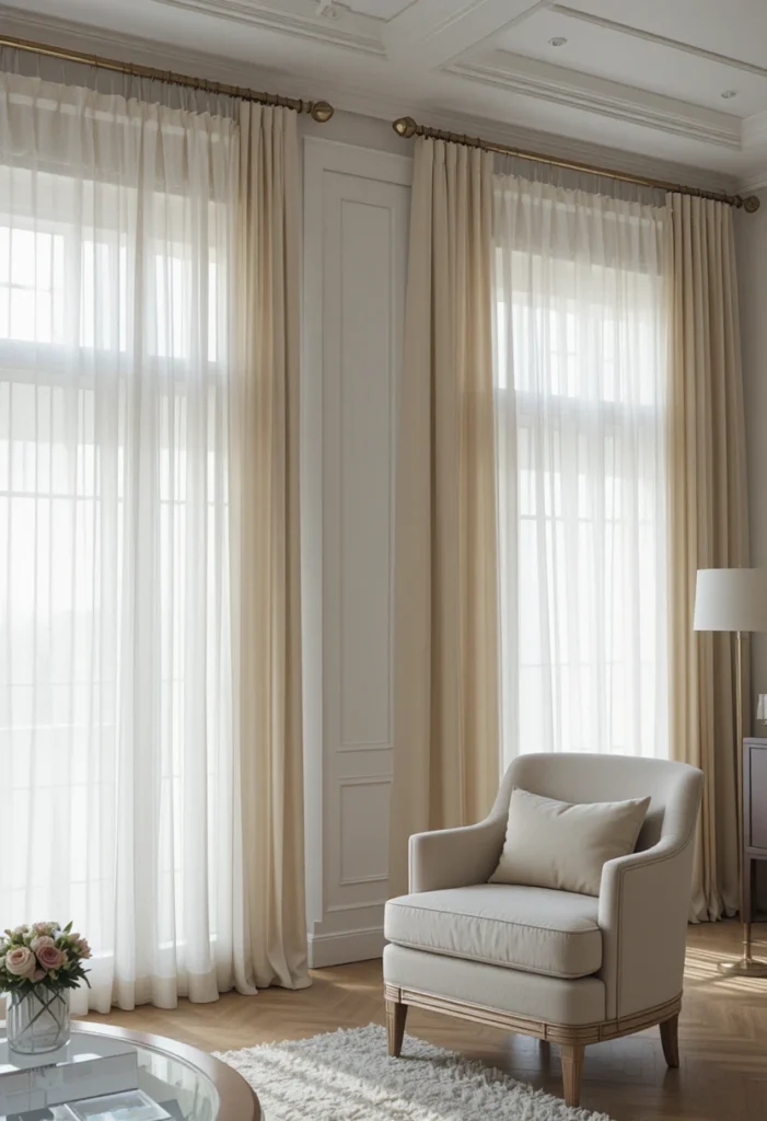 Layered sheer and beige curtains in a modern living room.