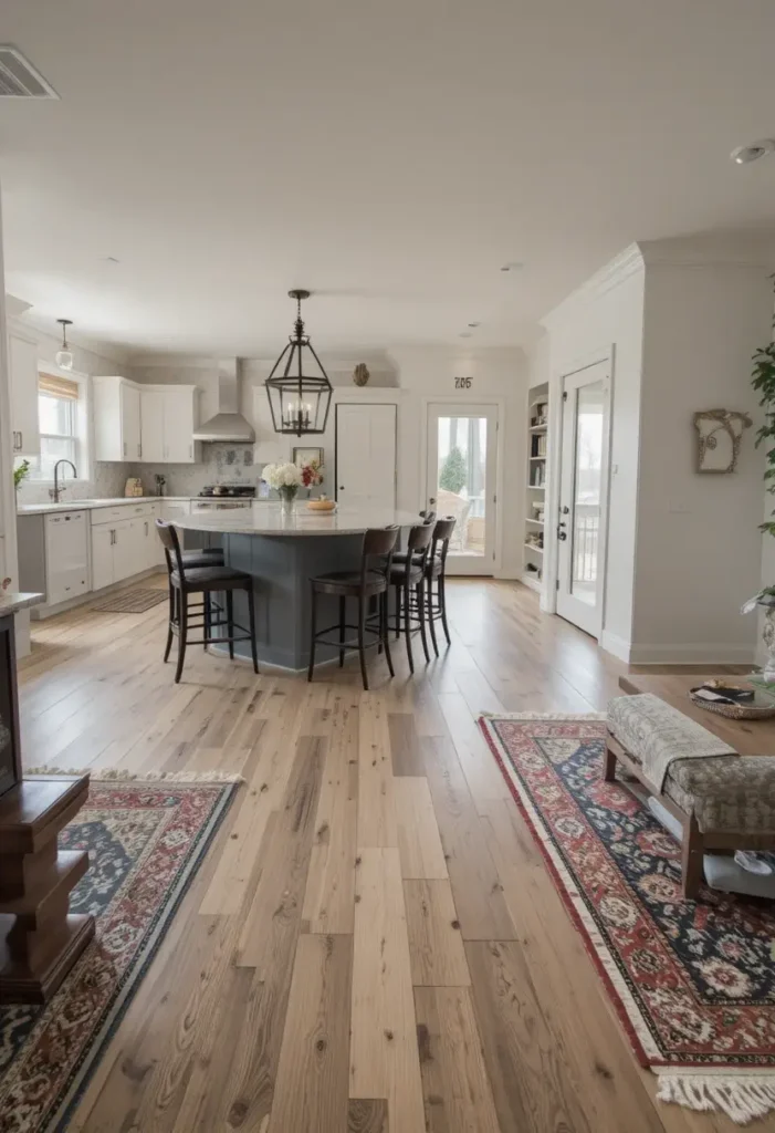 Unified flooring connecting open kitchen and living room