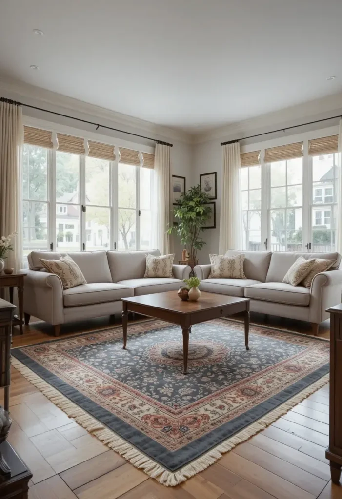 Rug with clean edges and pad for safety in living room.