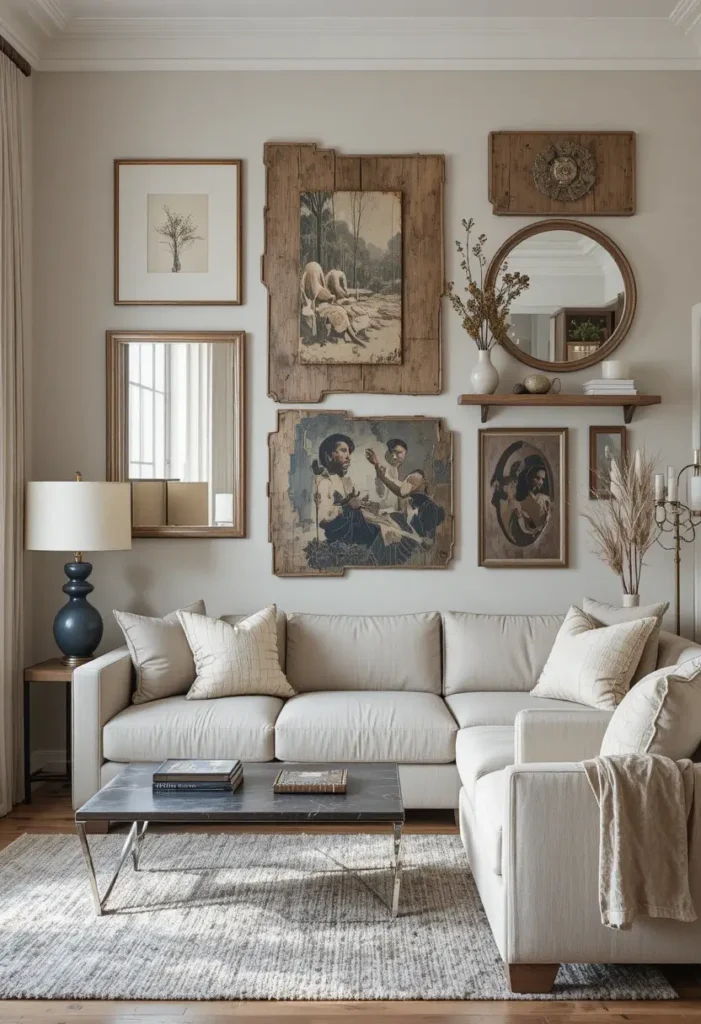 “Layered wall décor including artwork, mirrors, and shelves in a living room.”