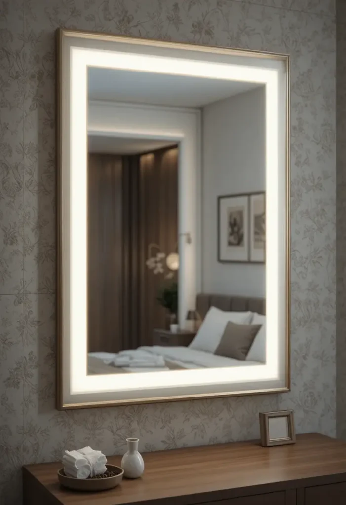 Wall-mounted bedroom mirror with hidden LED backlighting, soft warm glow illuminating a vanity area, modern elegant design.