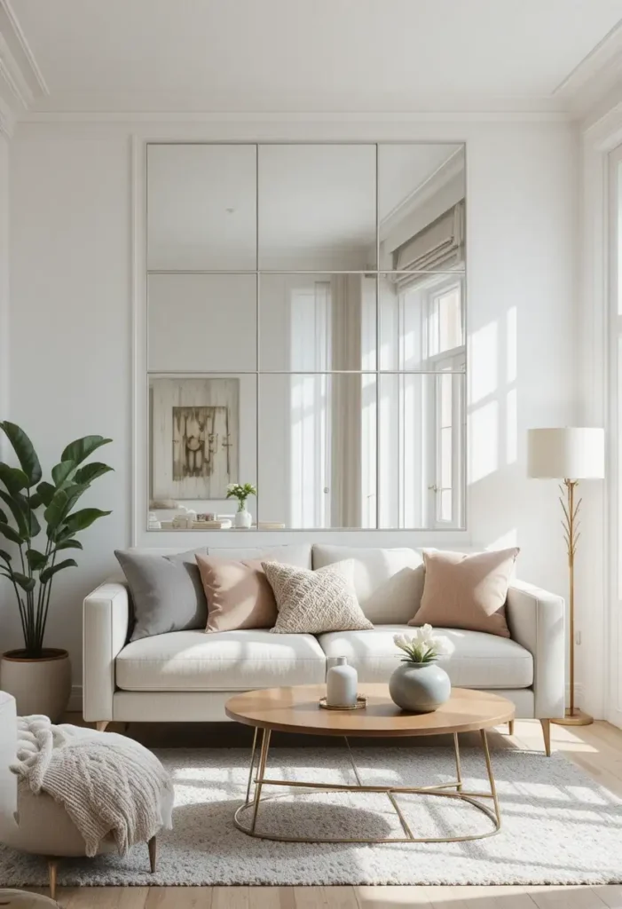 Small living room with mirror panel accent wall reflecting natural light