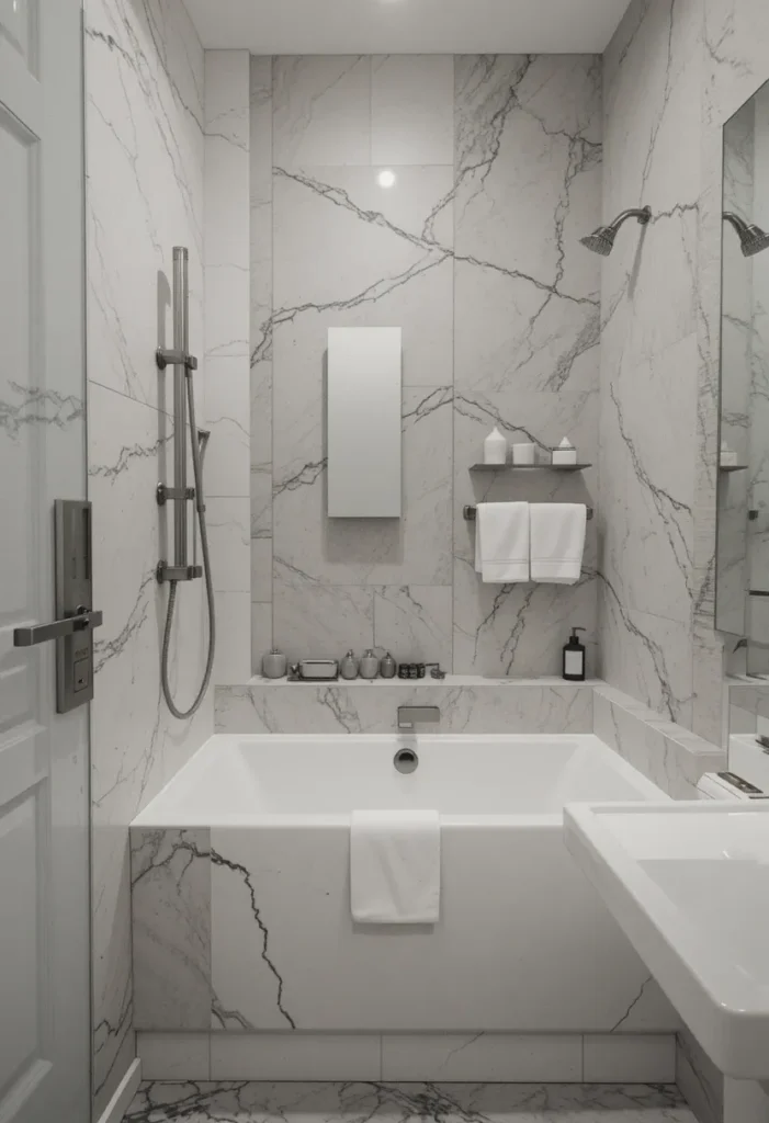 Minimalist fixtures around bathtub in a small bathroom