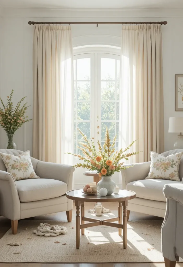 Light cotton curtains in a summer-themed living room.