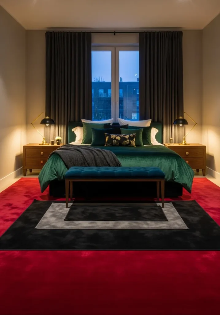 Bedroom with crimson accent rug under dark bedding.