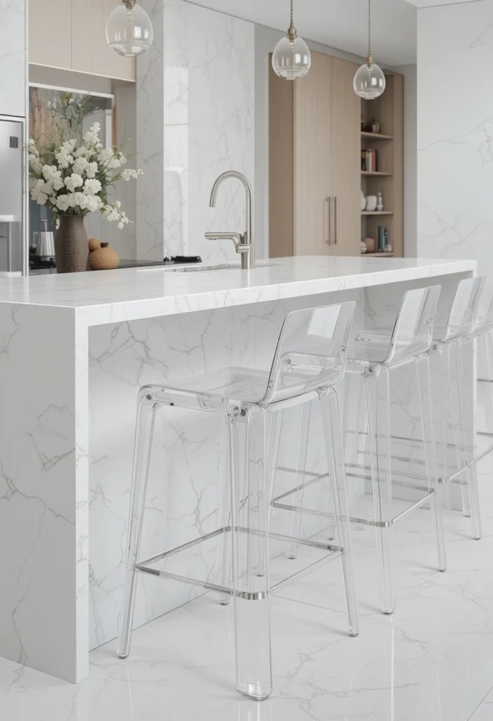 Minimalist, sleek kitchen island stools enhancing the open and modern look of the space