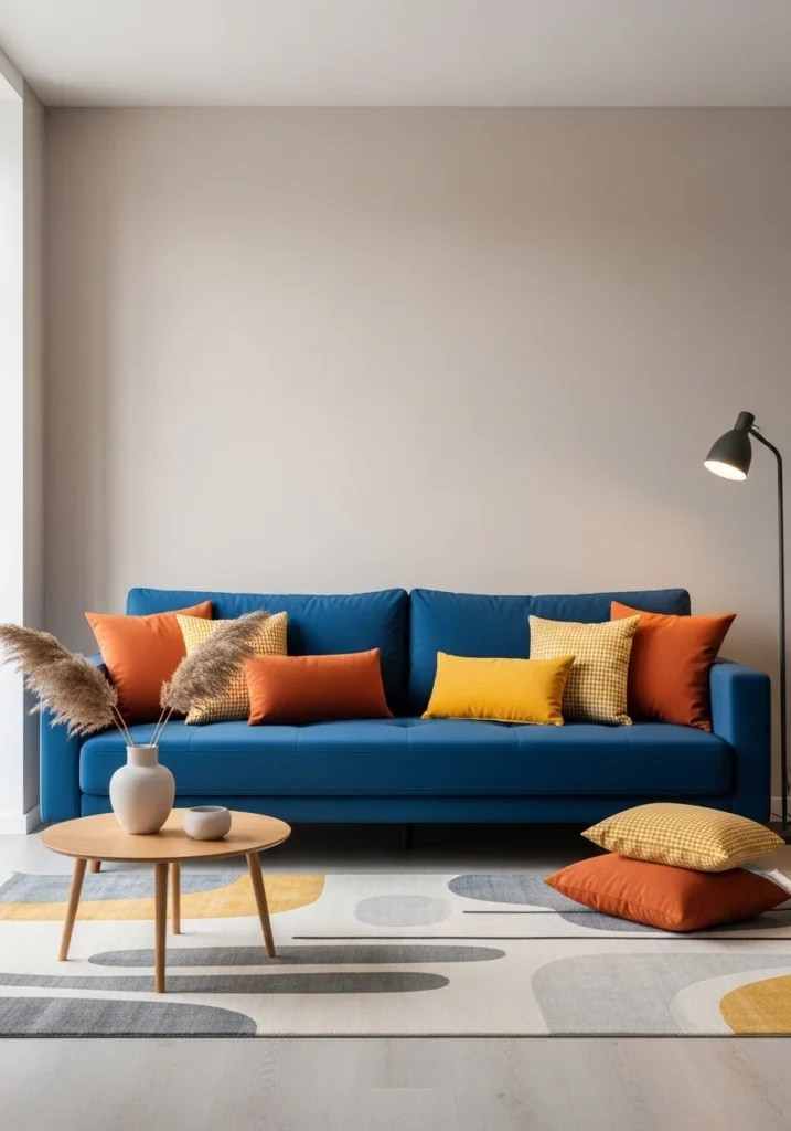 Blue sofa with bold color accents