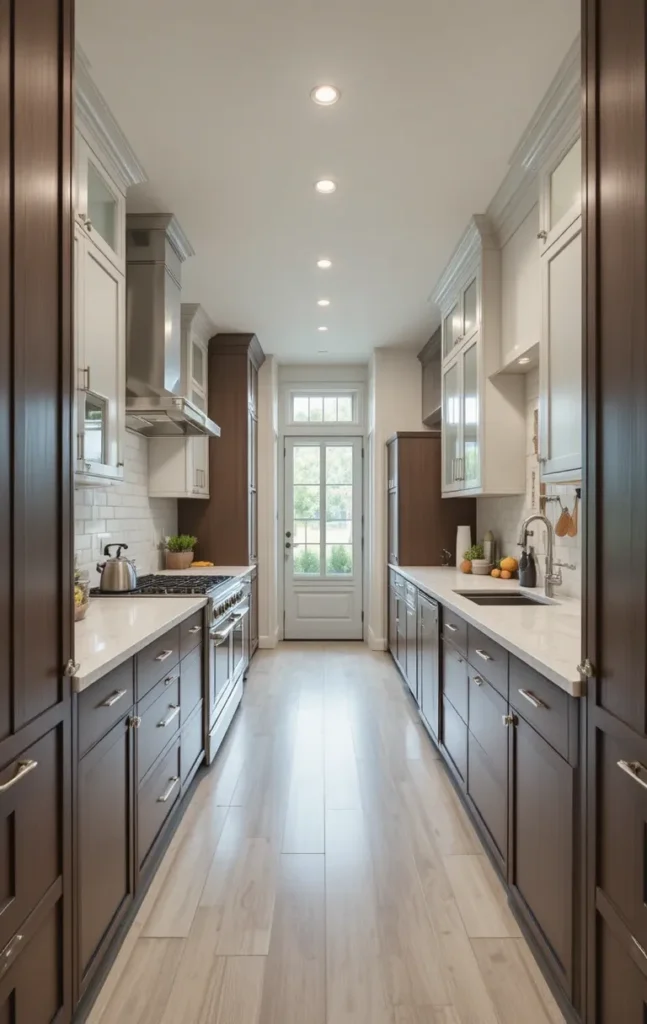 Efficient galley-style long kitchen with cabinets on both sides and open walkway