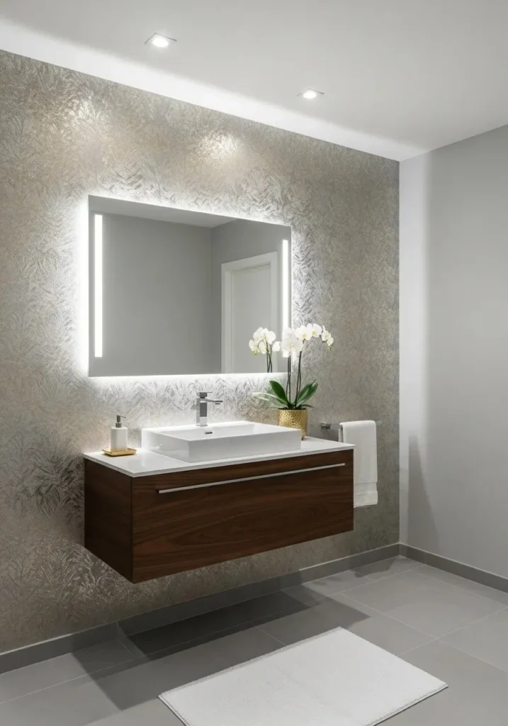 Textured metallic wallpaper in bathroom