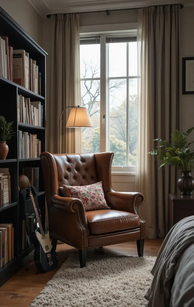 Brown leather chair adding warmth to black and brown bedroom