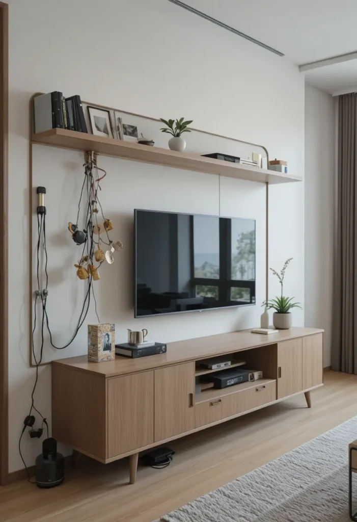 “Apartment living room with neatly organized technology and hidden cables.