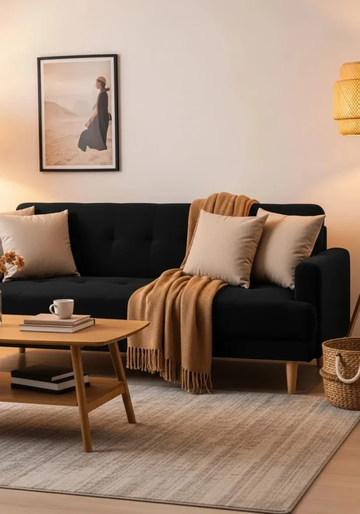 Black couch styled with warm neutral tones and wood accents.