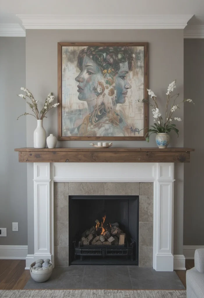 Properly proportioned artwork above fireplace mantel.
