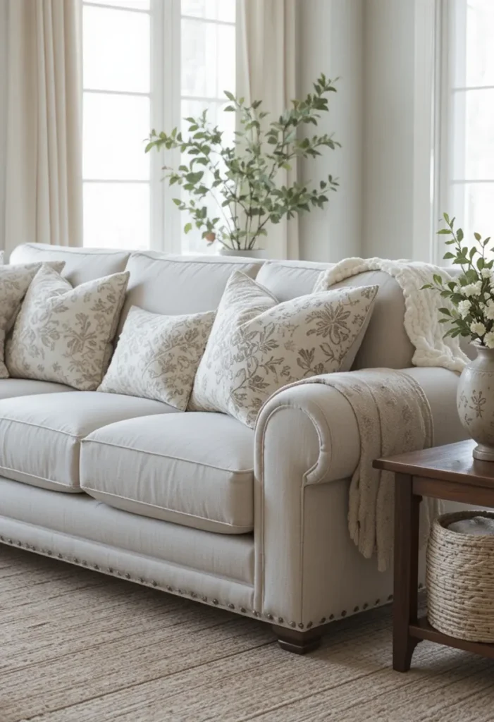Cozy oversized sofa and armchair in farmhouse room.”
