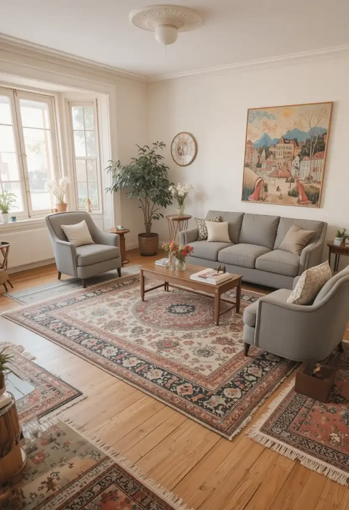 Area rug softening hardwood floors and adding warmth to living room.