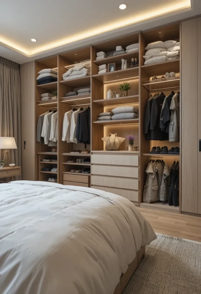 LED strip lights installed inside a bedroom wardrobe for better visibility
