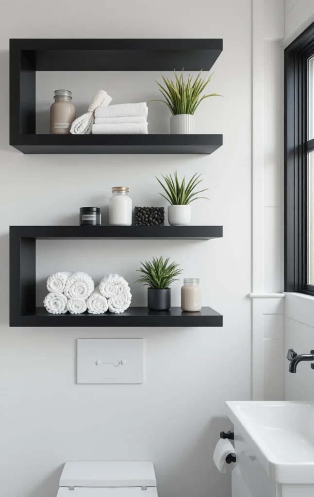 Black shelves on white bathroom wall with décor