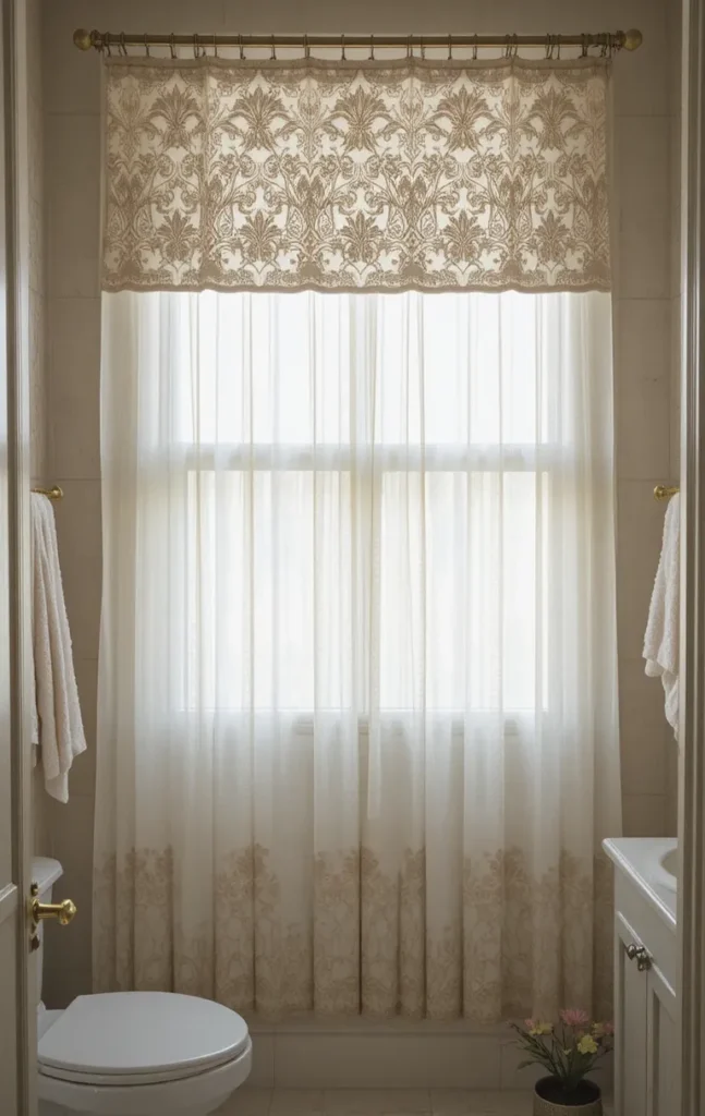 Layered bathroom curtains with sheer and heavy panels for versatility.