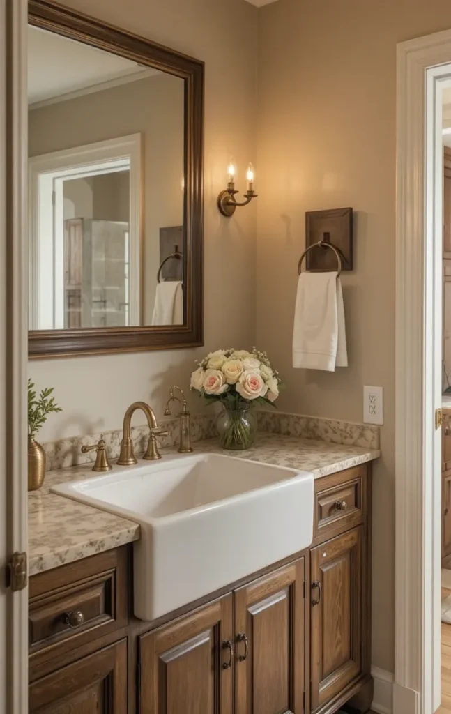 Farmhouse-style bathroom sink with apron front detail.