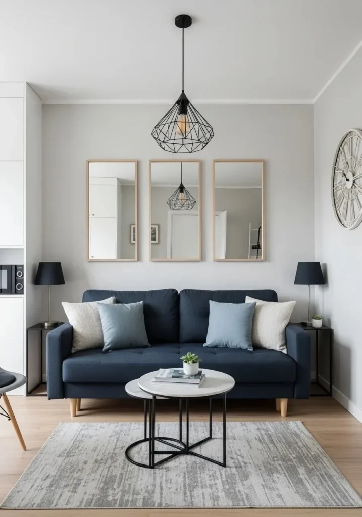 Blue sofa in small living room.