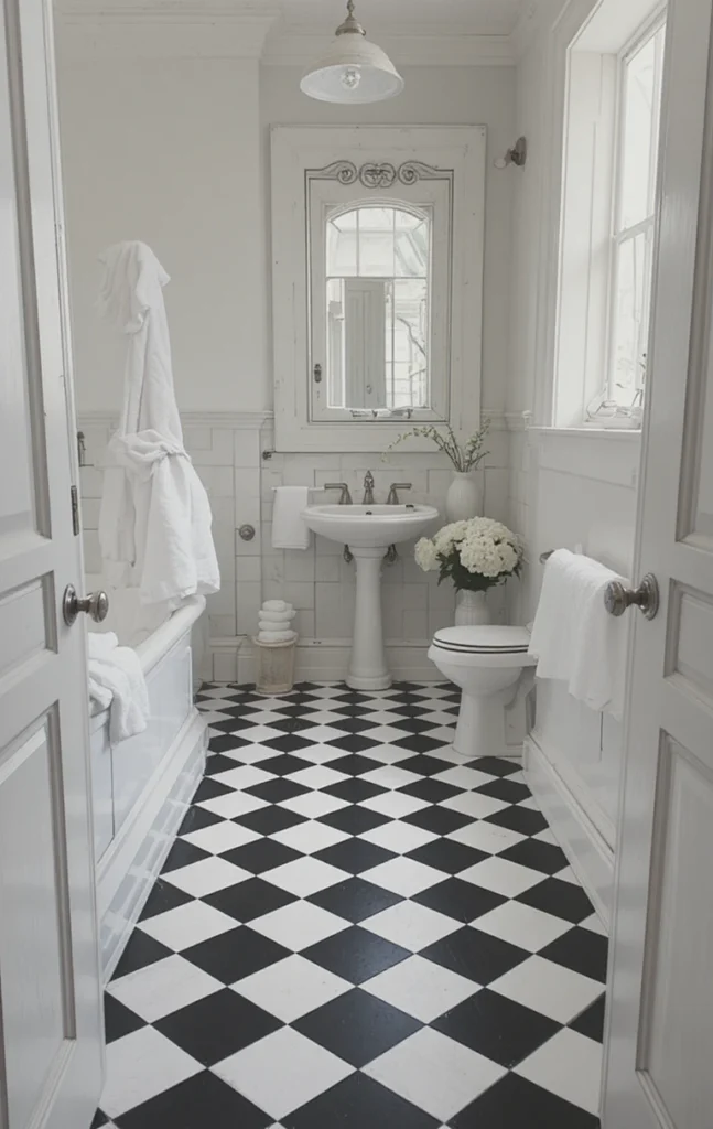 Black and white checkered bathroom floor