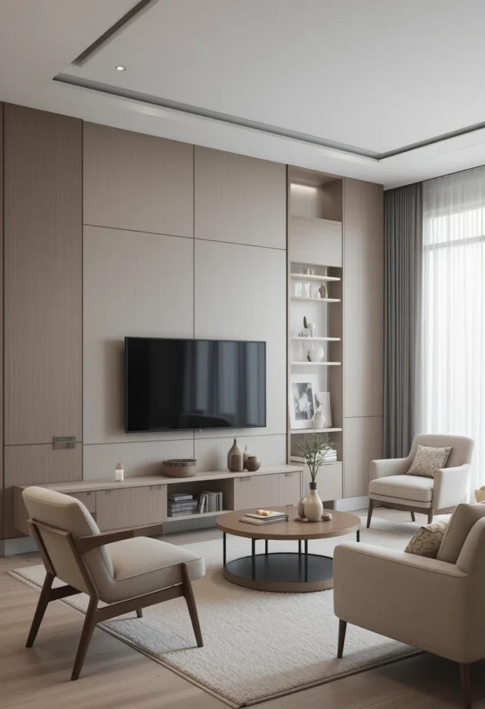 “TV wall balanced with sofa and furniture for functional and stylish living room.”
