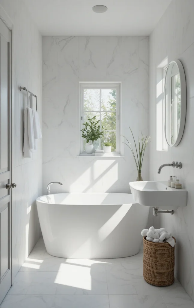 White walls bathroom with minimal accessories and natural light