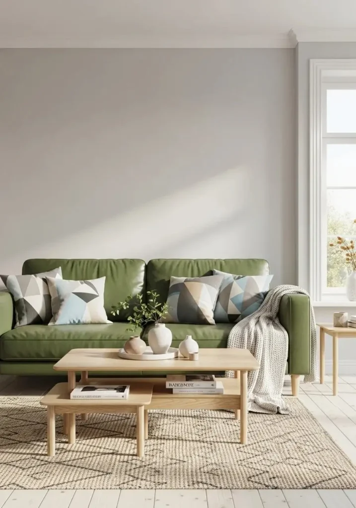 Green leather sofa in bright Scandinavian living room