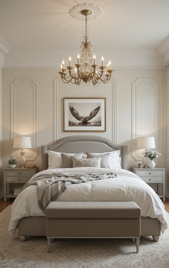 Chandelier proportionally sized to fit a bedroom without overwhelming the space.