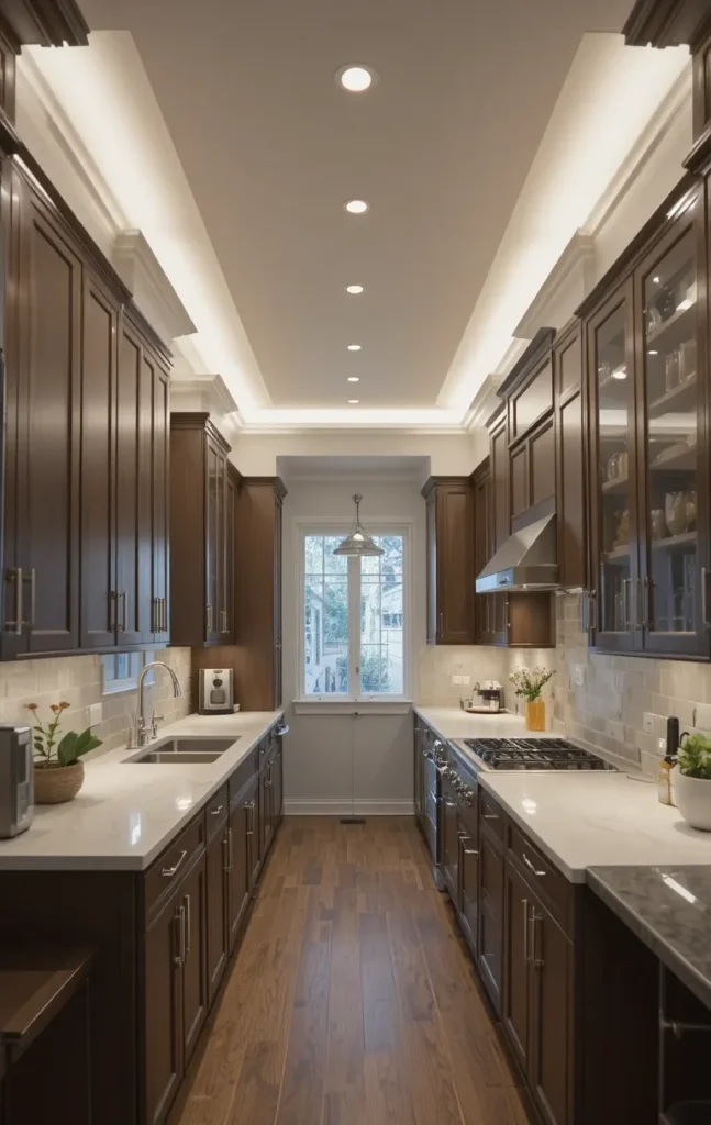 Layered lighting in a modern galley kitchen.