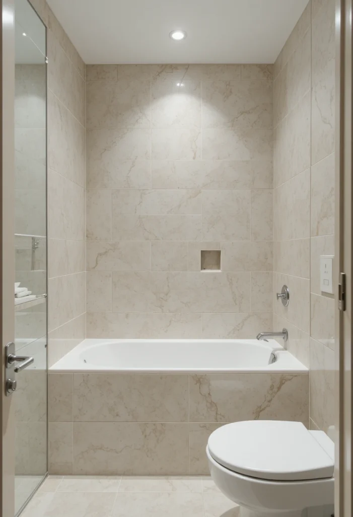 Light-colored tub surround helping a small bathroom feel larger