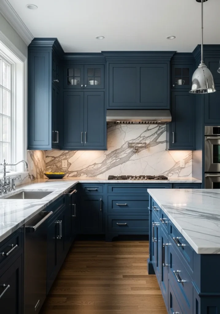 Dark blue cabinets with marble backsplash.