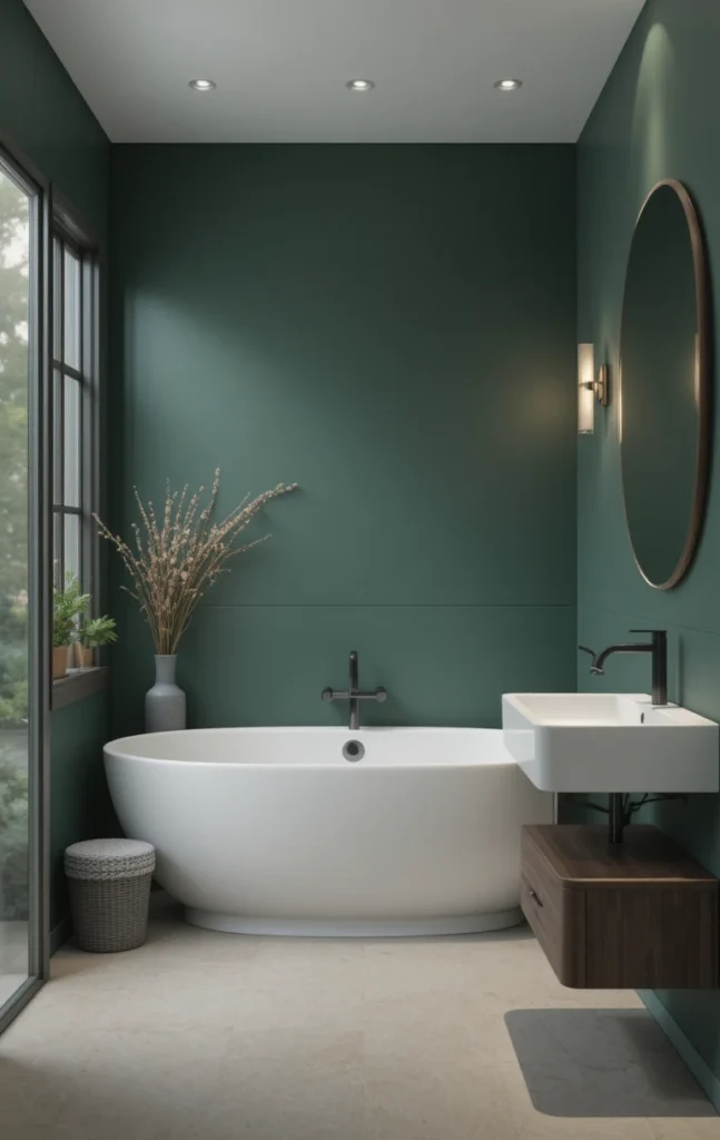 Matte dark green bathroom walls with minimalist modern styling.
