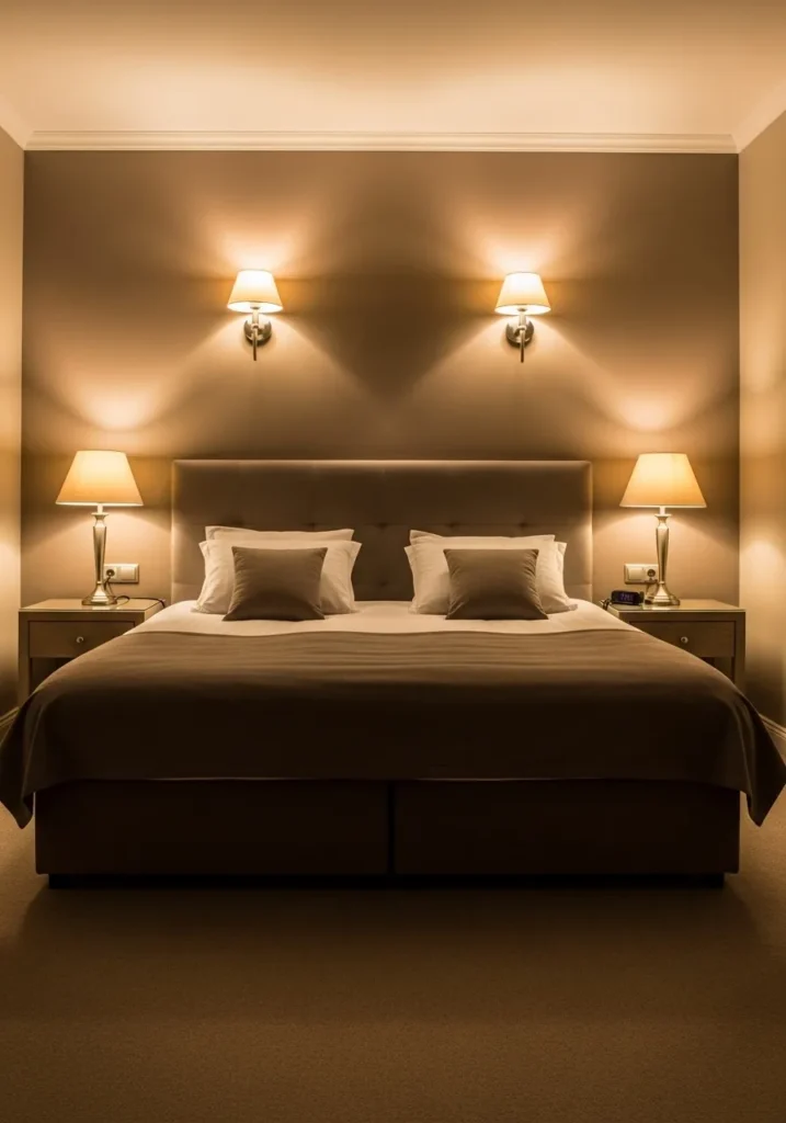 Warm lighting in taupe bedroom