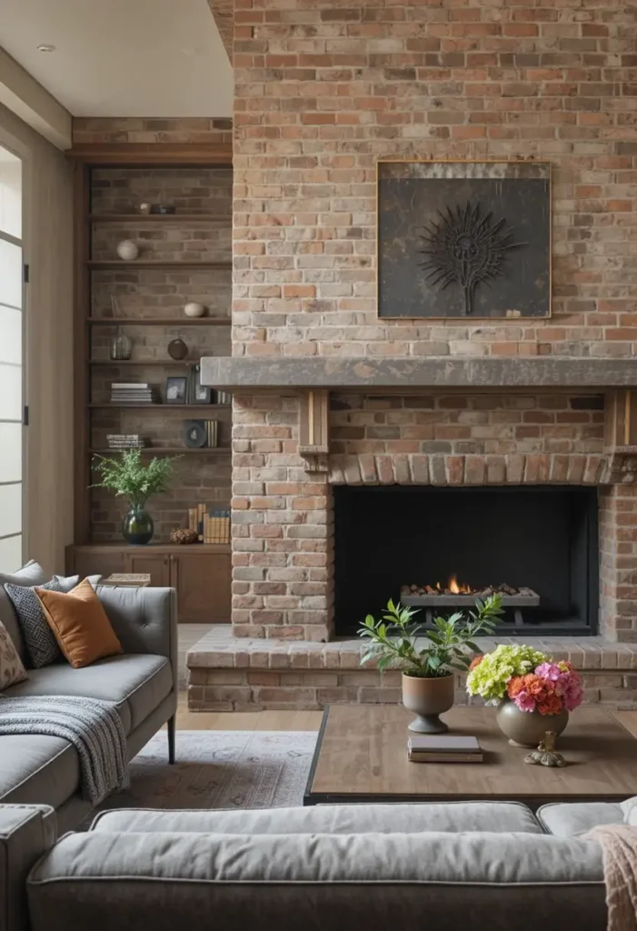 Brick fireplace combined with modern furniture in living room.