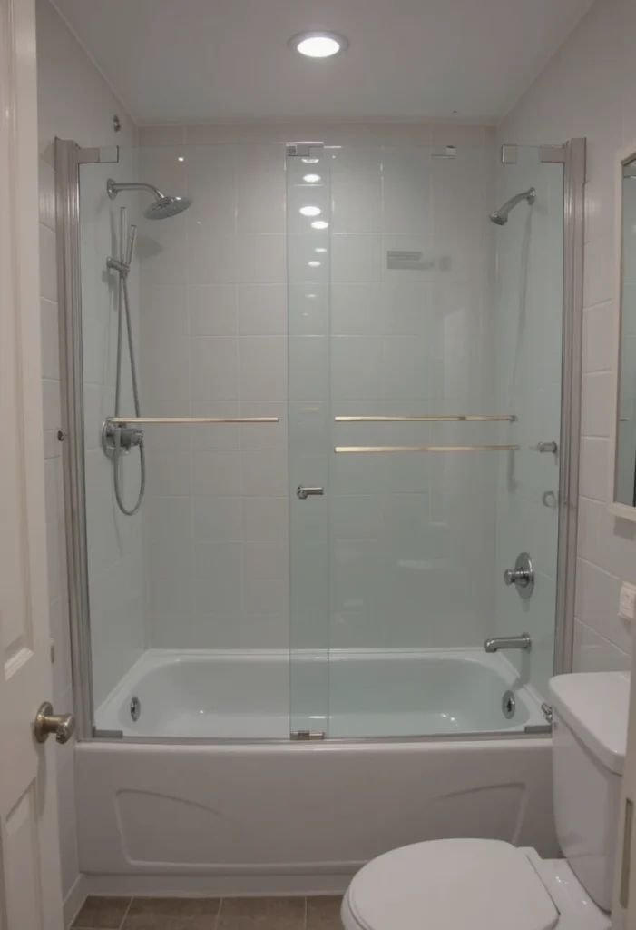 Small bathroom shower tub combo with glass panel for space-saving design