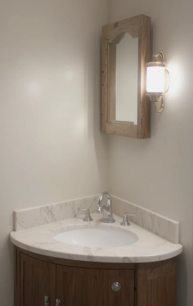 Compact corner bathroom vanity fitting neatly in a small space.