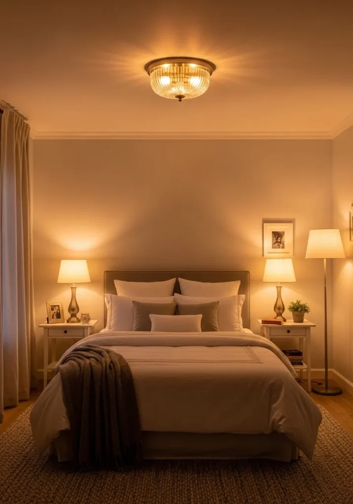 Full bedroom with layered lamps and ceiling light giving warm glow.